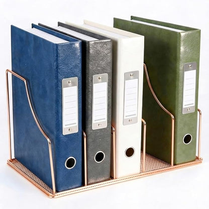 Rose Gold Binder Organizer for Desk, 5 Slot Metal Wire Vertical File Sorter with Mesh Bottom, Desktop Magazine Holder Rack for 2 Inch Binders, Medical Coding Books, Vinyl Records, 12.1"