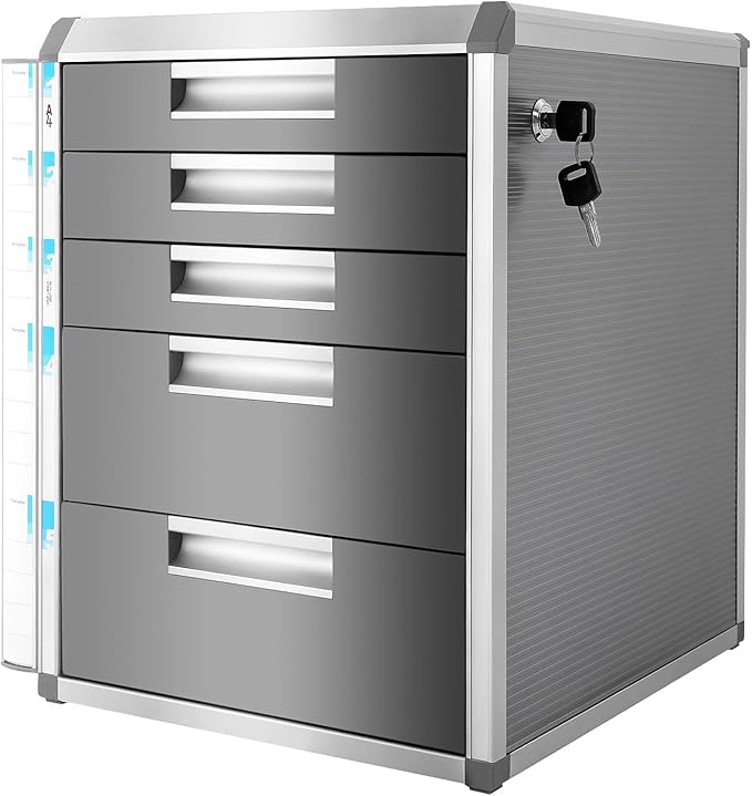 Desk Organizer with 5 Drawers, Metal Desktop Storage Cabinet File Holder with Locks and Keys, Filing Case Literature Organizer for Office Home, L12.4*D13.8*H16in, Silver & Grey