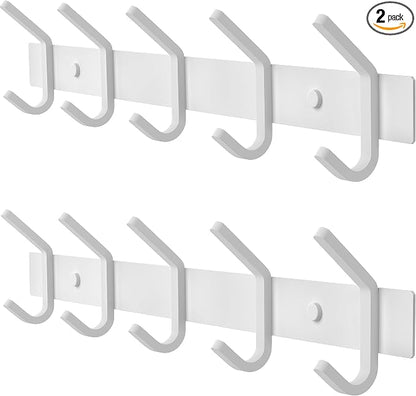White Coat Rack Wall Mount – 15 Inch Stainless Steel Hook Rail with 5 Heavy Duty Double Coat Hooks – Wall Mounted Coat Hanger for Entryway, Bathroom, Bedroom, Towel, Hat Organizer - 2 Pack