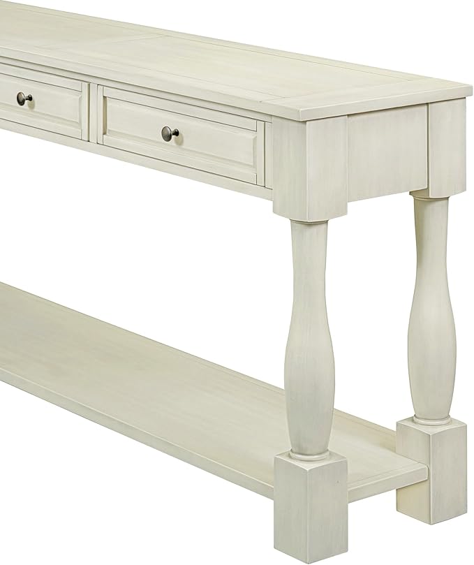 Knocbel 64 Inch Long Antique Entry Console Table with Drawers & Bottom Open Shelf, Solid Wood Sofa Couch Table for Entryway Hallway Living Room (Antique White)