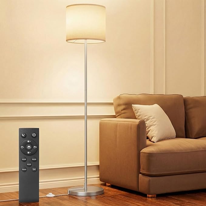 Keepsmile Dimmable Floor Lamps for LivingRoom with 12W LED Bulb, Foot Switch, Remote Custom Color Temperature Floor Light, Linen Shade Standing Lamps, Modern Tall Lamp for Office Bedroom-Silver
