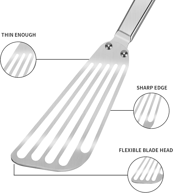KSENDALO Flexible Stainless Steel Fish Spatula - Slotted Thin Metal Turner with Riveted Handle, Angled Blade & Hollow Grip for Cooking Eggs, Pancakes and Fillets (1 Pack)