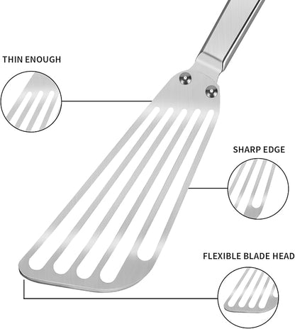 KSENDALO Flexible Stainless Steel Fish Spatula - Slotted Thin Metal Turner with Riveted Handle, Angled Blade & Hollow Grip for Cooking Eggs, Pancakes and Fillets (1 Pack)
