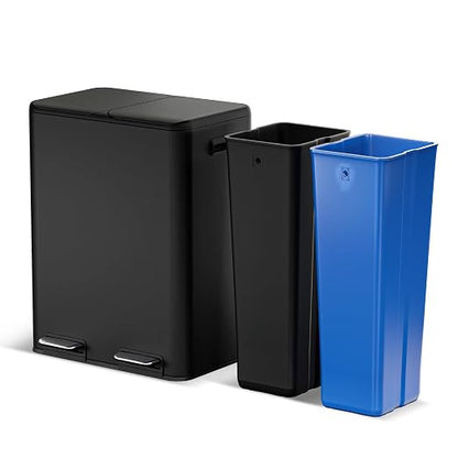 Home Zone Living 16 Gallon Kitchen Trash Can with Dual Compartments for Recycling, Stainless Steel, Matte Black, 60 Liters Total