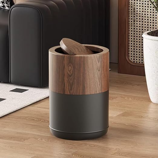 15L/4GAL Modern Metal Waste Bin with Realistic Wood Texture,Built-in Bag Holder,Swing Lid Trash Bin for Bathroom,Home,Office,Living Room (4gal Swing lid)