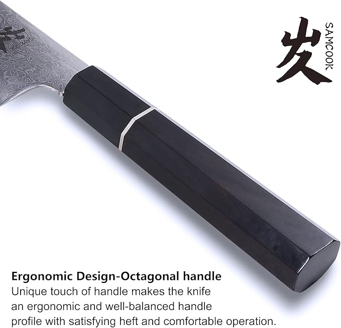 SAMCOOK Kiritsuke Chef Knife - 8 Inch Professional Sharp Damascus Knife - Japanese VG-10 High Carbon Stainless Steel Kitchen Gyuto knife - Ergonomic Octagonal Ebony Handle with Gift Box