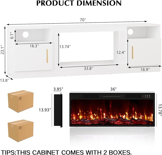 LEMBERI 70" Fireplace TV Stand for TVs up to 80", 36" Electric Fireplace 750W/1500W Entertainment Center with 20-Color LED, 300lbs Max Capacity High Gloss Storage Cabinet Console, White