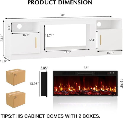 LEMBERI 70" Fireplace TV Stand for TVs up to 80", 36" Electric Fireplace 750W/1500W Entertainment Center with 20-Color LED, 300lbs Max Capacity High Gloss Storage Cabinet Console, White