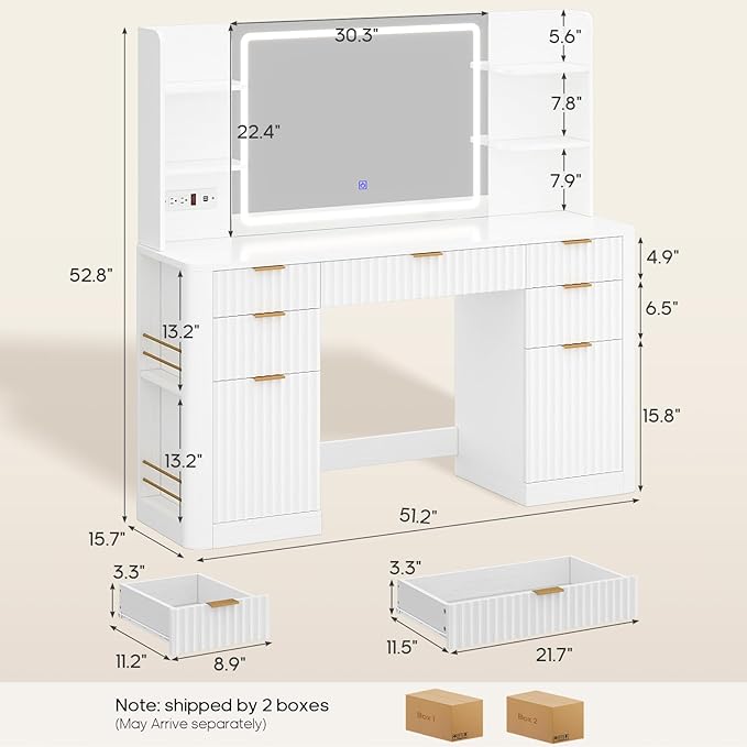 51.2" Fluted Makeup Vanity Desk with Large 30.3" Mirror and Lights, 5 Drawer Vanity with Power Strip, 6 Open Shelves, 2 Cabinet，Modern Dressing Table with Solid Wood Legs for Bedroom, White