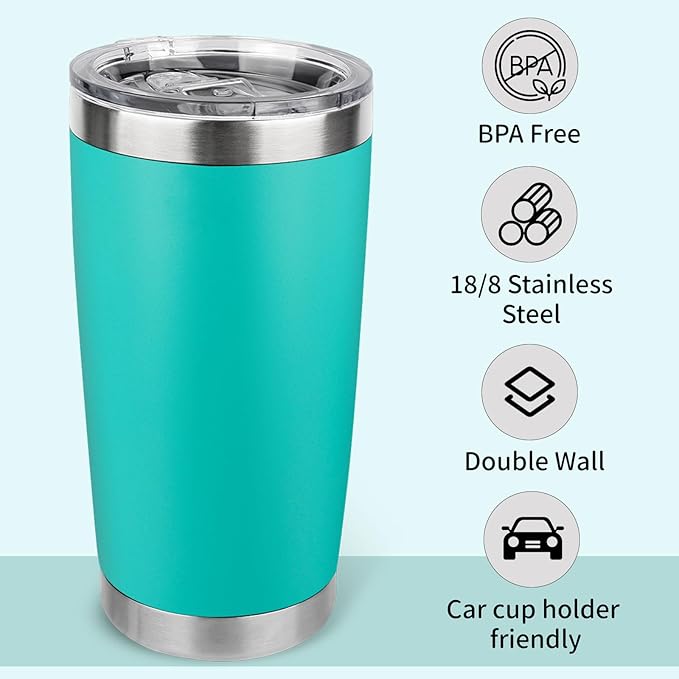 20oz Stainless Steel Tumbler Bulk with Lid, Travel Mug - Double Wall Vacuum Powder Coated Cup - Light Green, 6 Pack