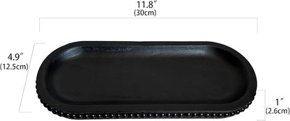 dwellington Wooden Farmhouse Decorative Tray, 12in Rustic Beaded Tray for Living Room Decor, Kitchen Table Décor, Oval Coffee Table Serving Tray (Black)