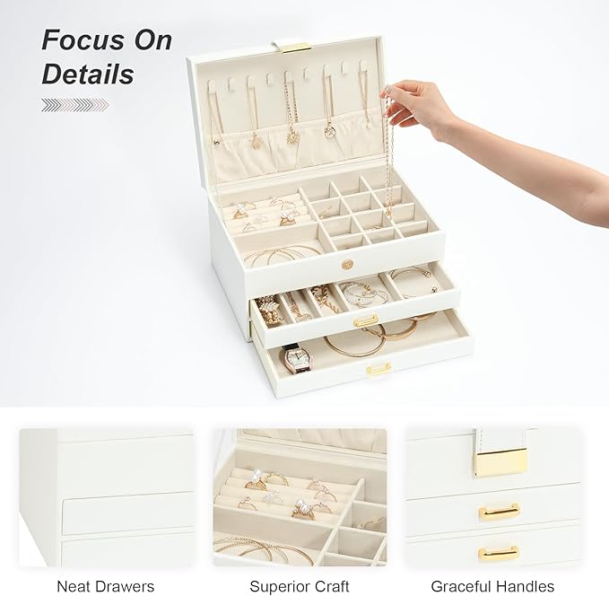 Jewelry Organizer Box, Women Jewelry Box 3 Layers with 2 Drawers, Large Jewelry Organizers Jewelry Boxes Display Earring Necklace Watch Bracelet and Rings, White