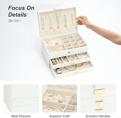 Jewelry Organizer Box, Women Jewelry Box 3 Layers with 2 Drawers, Large Jewelry Organizers Jewelry Boxes Display Earring Necklace Watch Bracelet and Rings, White
