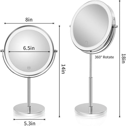 8”Large Makeup Mirror with Lights,1X/10X Rechargeable True Height Adjustable HD Magnifying Mirror with 3 Color Dimmable Lights,360° Rotation Double Sided Vanity Makeup Mirror,Gift for Women (Silver)
