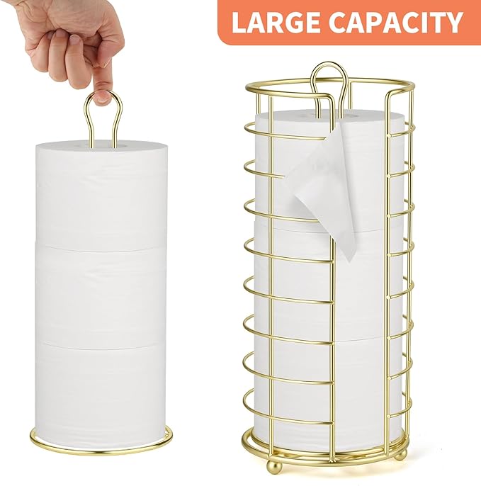 Toilet Paper Holder Stand - Freestanding Toilet Paper Storage,Gold Bathroom Organizer,3 Mega Roll Toilet Paper Roll Holder for Under Sink, Vanity, Cabinet Shelf (Gold)