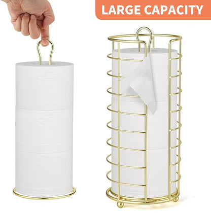 Toilet Paper Holder Stand - Freestanding Toilet Paper Storage,Gold Bathroom Organizer,3 Mega Roll Toilet Paper Roll Holder for Under Sink, Vanity, Cabinet Shelf (Gold)