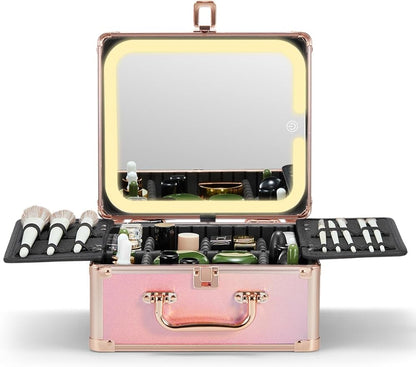 Qislee Makeup Box with A Detachable Lighted Mirror, Waterproof Travel Train Case, Cosmetic Organizer and Makeup Suitcase with Adjustable Dividers, Magnetic LED Mirror(Sparkling Gradient Pink)
