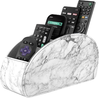 SITHON Remote Control Holder with 5 Compartments - PU Leather Remote Caddy Desktop Organizer Store TV, DVD, Blu-Ray, Media Player, Heater Controllers, Marble