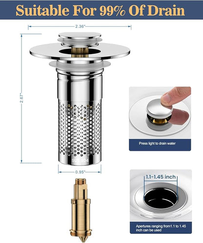 Bathroom Sink Drain Strainer, Universal Pop-up Sink Stopper with Removable Hair Catcher & Stainless Steel Filter Basket, Anti-Clog Drain Protector Fits Most US Standard Bathroom Sinks