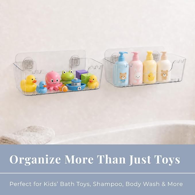Bath Toy Storage Organizer 2 Pack, Clear Bathtub Toy Storage Holder with Drainage Holes, Quick-Dry Wall Mounted No Drill Bath Toy Holder and Shower Caddy for Kids’ Tub Toys