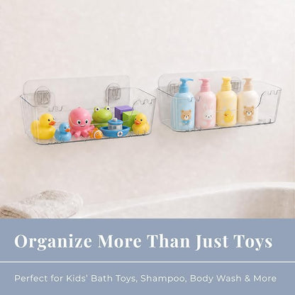 Bath Toy Storage Organizer 2 Pack, Clear Bathtub Toy Storage Holder with Drainage Holes, Quick-Dry Wall Mounted No Drill Bath Toy Holder and Shower Caddy for Kids’ Tub Toys