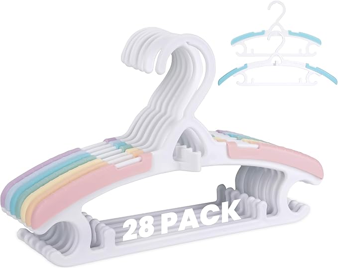 Baby Hangers 28 Pack, Durable Plastic Kids Hangers for Closet Organization, Bright Rainbow Colors & Stackable Design, Adjustable from Infant to Teen