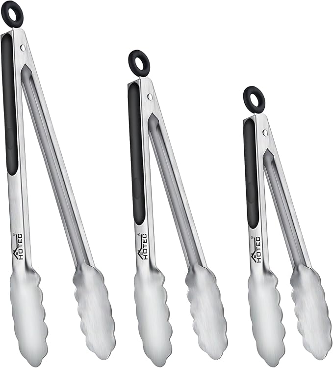 Hotec Stainless Steel Kitchen Tongs, Set of 3-7", 9" and 12", Locking Metal Food Tongs for Cooking, Serving, BBQ, Grill with Non-Slip Grip