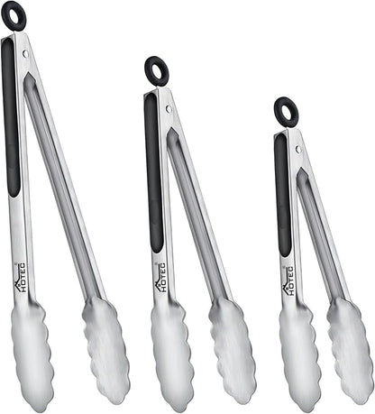 Hotec Stainless Steel Kitchen Tongs, Set of 3-7", 9" and 12", Locking Metal Food Tongs for Cooking, Serving, BBQ, Grill with Non-Slip Grip