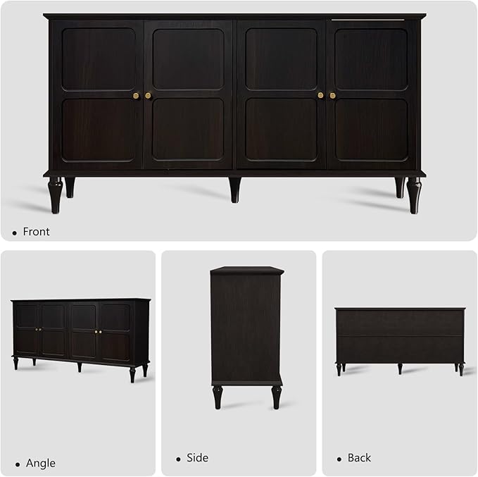 ARTPOWER 58'' Mid-Century Modern Buffet Storage Cabinet with 4 Doors and Adjustable Shelves, Accent Style Sideboard for Entryway, Dining Room, Living Room, Espresso Brown
