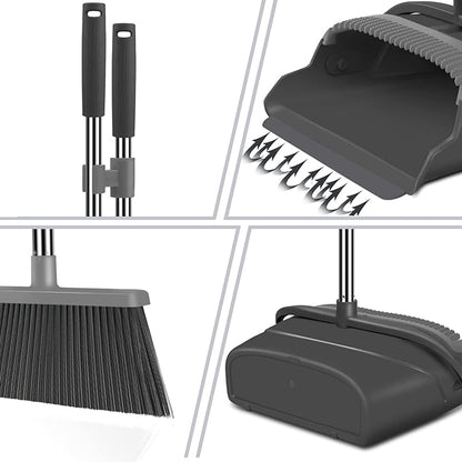 Broom and Dustpan Set for Home, Office, Indoor&Outdoor Sweeping, Stand Up Broom and Dustpan (Black&Gray)