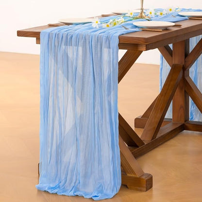 Socomi Blue Valentine's Day Cheesecloth Table Runner Light Blue Boho Rustic Gauze 120 inch 10FT Cheese Cloth Runner for Wedding Party Baby Shower Birthday Home Decor Holiday Decorations