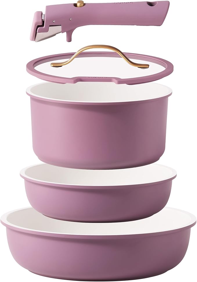 CAROTE 5pcs Pots and Pans Set, Nonstick Cookware Set Detachable Handle,kitchen essentials,RV kitchen pot and pan,Induction Cookware,Oven Safe,PFOA PFOS FREE,Purple