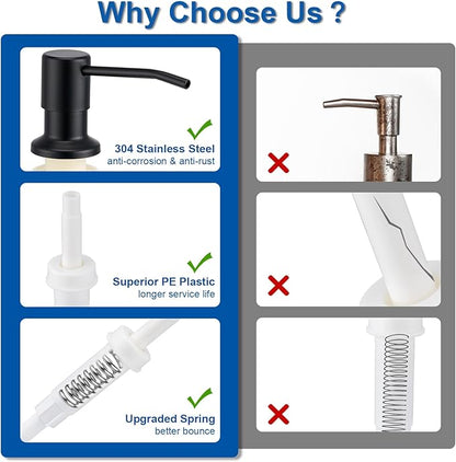 Husfunov Soap Dispenser for Kitchen Sink, Built in Sink Soap Dispenser (Matte Black), Countertop Dish Soap Dispenser Stainless Steel Pump with 47" Extension Tube kit, No Need to Frequent Refills