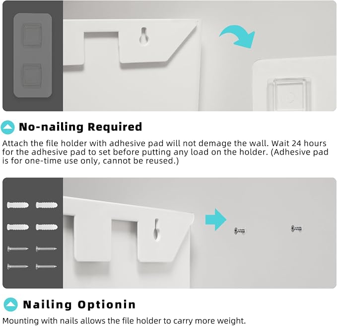 JOMOLA No Drilling File Holder 5 Pack Mail Organizer Wall Mount File Organizer Holder Office Wall Hanging Files Magazines Organizer Plastic Door Mount Wall Pocket with Adhesive Pad, White Color