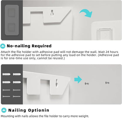 JOMOLA No Drilling File Holder 5 Pack Mail Organizer Wall Mount File Organizer Holder Office Wall Hanging Files Magazines Organizer Plastic Door Mount Wall Pocket with Adhesive Pad, White Color