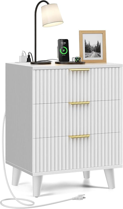 White Nightstand, 20 inch Fluted Modern Night Stand with Charging Station, Wooden Side Table with 3 Large Storage Drawers Modern Wood Bedside End Table for Bedroom Sofa Office