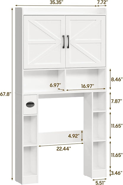 Over The Toilet Storage Cabinet, Farmhouse Toilet Cabinet Rack with Barn Doors, Space Saving Bathroom Organizer with Shelves, Toilet Paper Holder and Towel Rack for Bathroom,Restroom,Laundry（White）