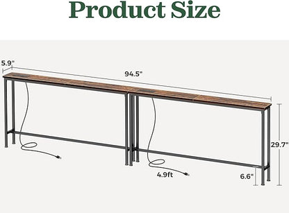 SUPERJARE 94.5 inch Narrow Console Table with Outlet, Sofa Tables, Behind Couch Table, Long Entryway Tables with Charging Station, for Living Room, Rustic Brown