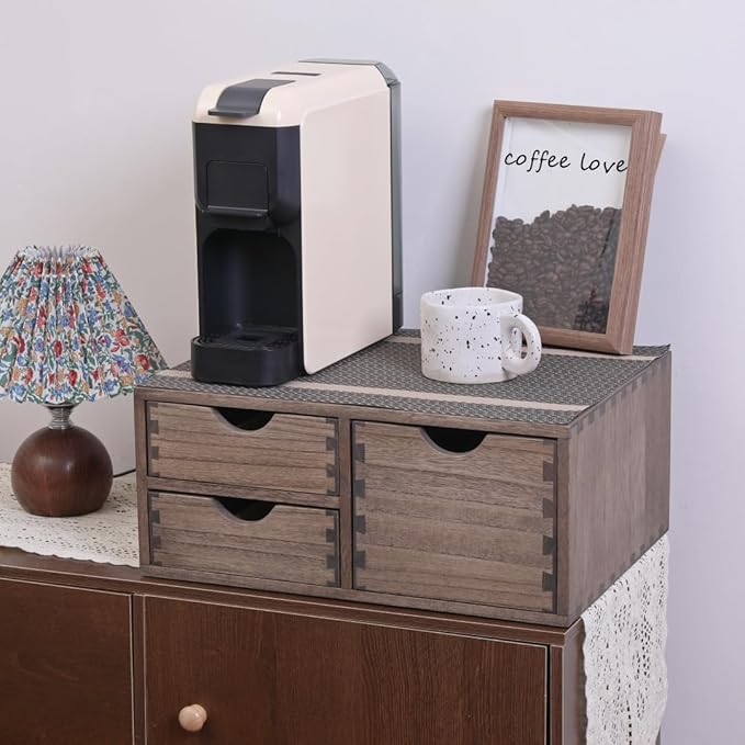 DDYURI Coffee Pods Storage Drawer Holder for Capsules - Multi Functional Desk Organizer Drawers For K cups Coffee Maker Brew - Kitchen Mini Wooden Box Chest Sideboard Counter Organization CF2D3C Dark