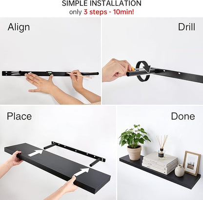 BAYKA Floating Shelves for Wall, Set of 2, 35.4 inches Long Wall Mounted Rustic Wood Shelves for Bathroom, Bedroom, Living Room, Kitchen, Office, Hanging Shelf for Books/Storage/Decor, Black