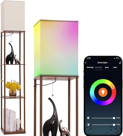 Gupuzm Floor Lamp with Shelves, with Modern Square Standing Lamp with Smart APP Control RGB Bulb, Corner Display Bookshelf Lamp for Living Room, Bedroom and Office(brown-9RGB)