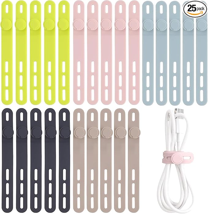 Oligei 25 Pcs Silicone Cable Ties, Cable Ties Reusable, High Elasticity Cord Wraps for Electrical Cords, Cord Organizer for Earphone, Phone Charger(Colorful)