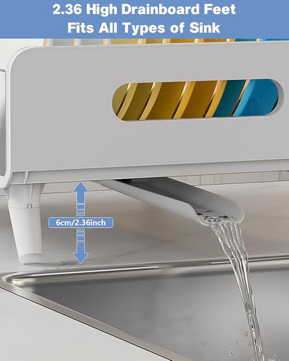 Dish Drying Rack, Thicker Premium Aluminum Frame and 304 Stainless Steel Plate Rack for Kitchen Counter, Automatic Drainage Spout, Dish Drainer & Drainboard Set with Utensil Holder, White