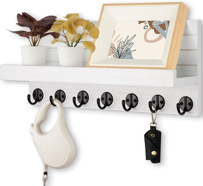 Key Holder Wall Mount, Entryway Key and Mail Holder with 7 Sturdy Hooks for Sunglasses, Dog Leash, Decorative Wall Shelf with Mounting Hardware, 15”W x 6.7”H x 4.2”D (White)