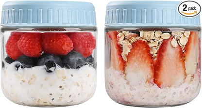 SHOWIN Overnight Oats Containers with Lids, 10oz Glass Jars with Lids 2 pcs, Light Blue, Wide Mouth Mason jars for Salad, Yogurt, Snacks, Meal Prep