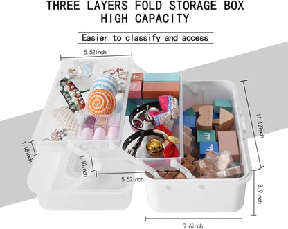 Flower River 11(in) Versatile Three-Layer Folding Organizer Box,Ideal for Art & Crafts,Toys,Sewing Supplies,Jewelry and Tools,Storage with Dual Trays,Elegant White