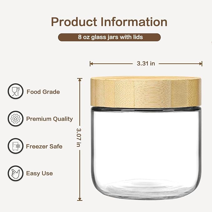 2 Pack 8 Oz Small Clear Glass Mason Jars, Wide Mouth Overnight Oats Jars, Containers with Airtight Lids for Chia Pudding Jam Snack Yogurt Overnight Oats Candy
