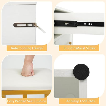 CHARMAID Vanity Desk with LED Mirror and Lights, Charging Station, 4 Drawers, Storage Cabinet & Shelves, Hair Dryer Holder, Modern Makeup Dressing Table with Stool for Bedroom, White & Gold
