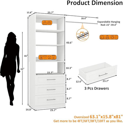 Closet System with 3 Drawers and Shelves, Closet Organizer System, Walk In Closet System, White(VO-008)