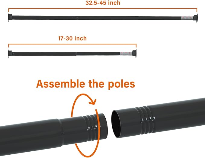 Adjustable Closet Rod for Hanging Clothes – Heavy Duty Metal Clothing Rail, 17.5 to 44 Inches Stepless Extension, 1.1” Diameter, Black – Fits Wardrobes, Laundry, RV, and Small Spaces